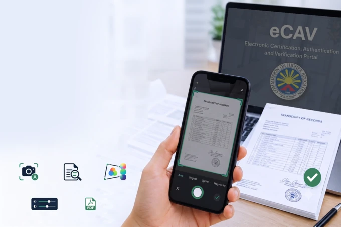 A hand holding a phone to scan a certificate on a desk