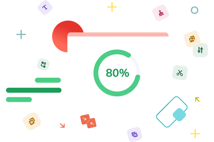 A progress ring framed by colourful document tool icons